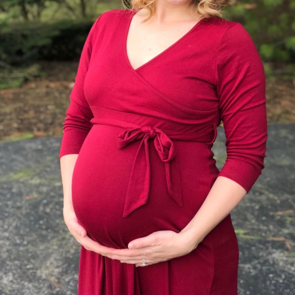 Red Maternity Dress - Maxi 3/4 sleeves faux wrap